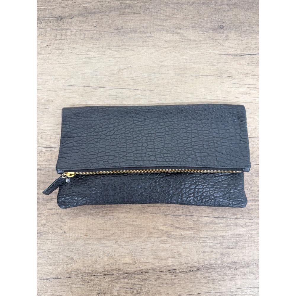 Clare V Black Pebbled Leather Foldover Clutch Bag Gold Zipper Denim Lining